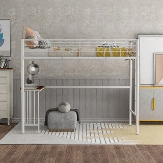 Multiple Functions Design Loft Bed with Built-in Desk, Ladder and Guardrails, Twin Size, White