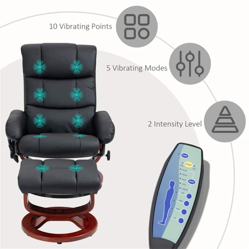 PU Leather Massage Recliner Chair Including Ottoman with Swivel Base and Adjustable Vibration - 28.75" W x 33" D x 40.25" H