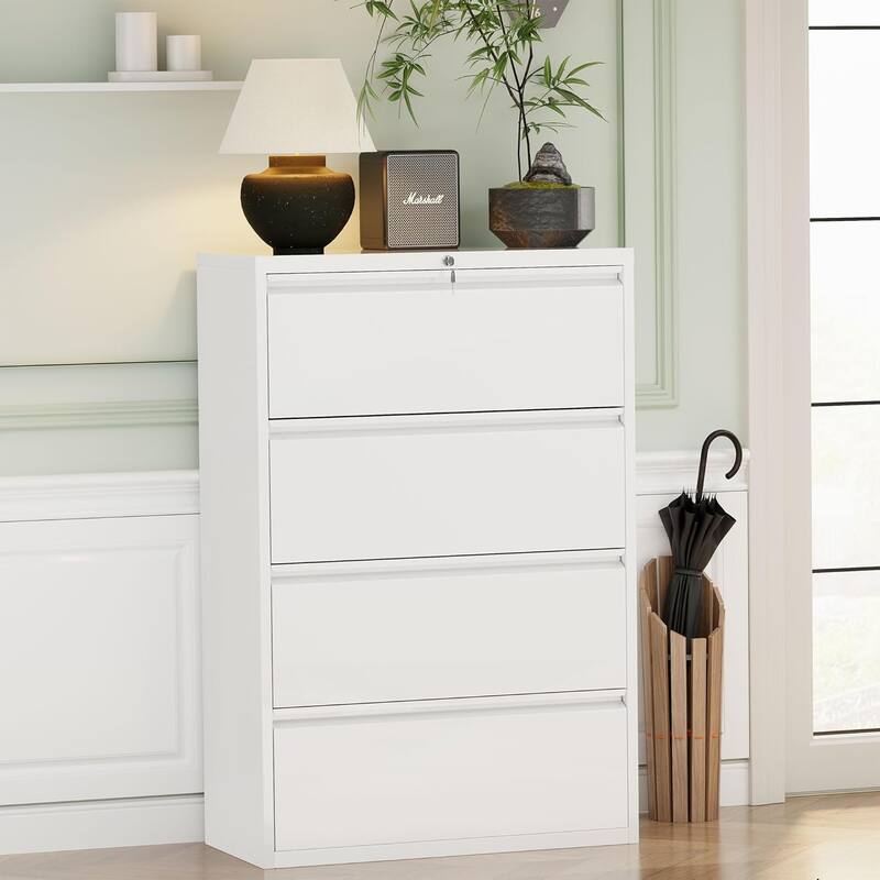 4 Drawer Metal Lateral Filing Cabinet with Lock - White