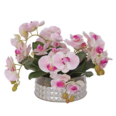 Real Touch Pink Orchid Flower Arrangement in Silver Glass Round Bowl - 16W x 16D x 8.25H