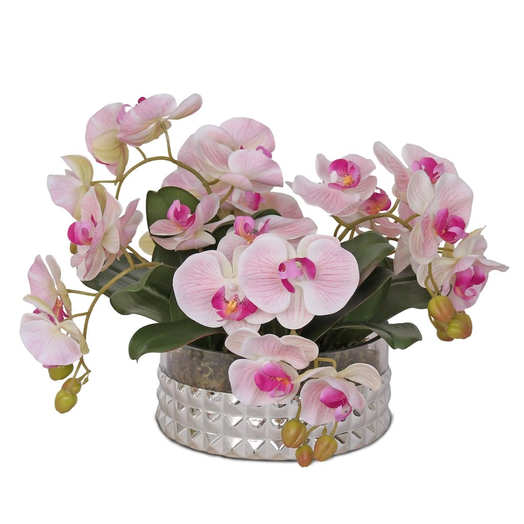 Real Touch Pink Orchid Flower Arrangement in Silver Glass Round Bowl - 16W x 16D x 8.25H
