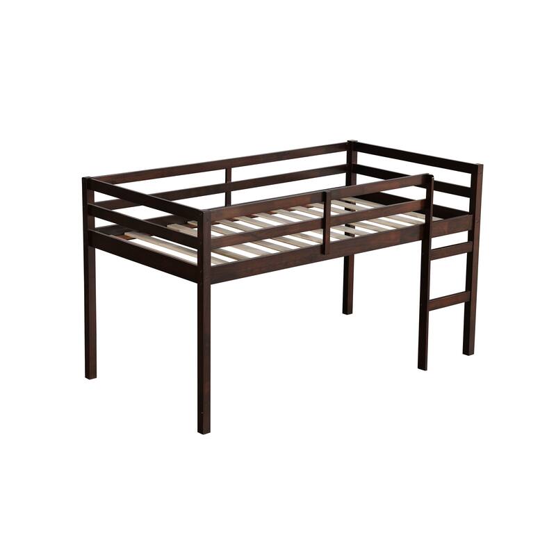 Wooden Twin Loft Bed with Wide-Step Ladder, Low-Height Design, Reinforced Slats, & Spacious Underbed Storage