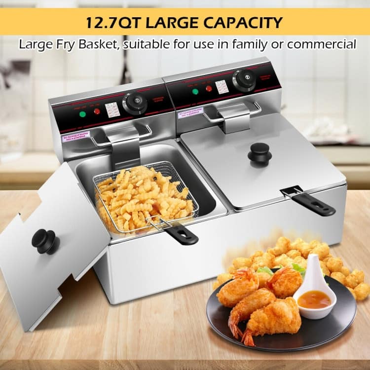 Double Electric Fryer 12.8QT Stainless Steel Dual Tank Commercial Home Use - 23.5" x 17" x 11.5"