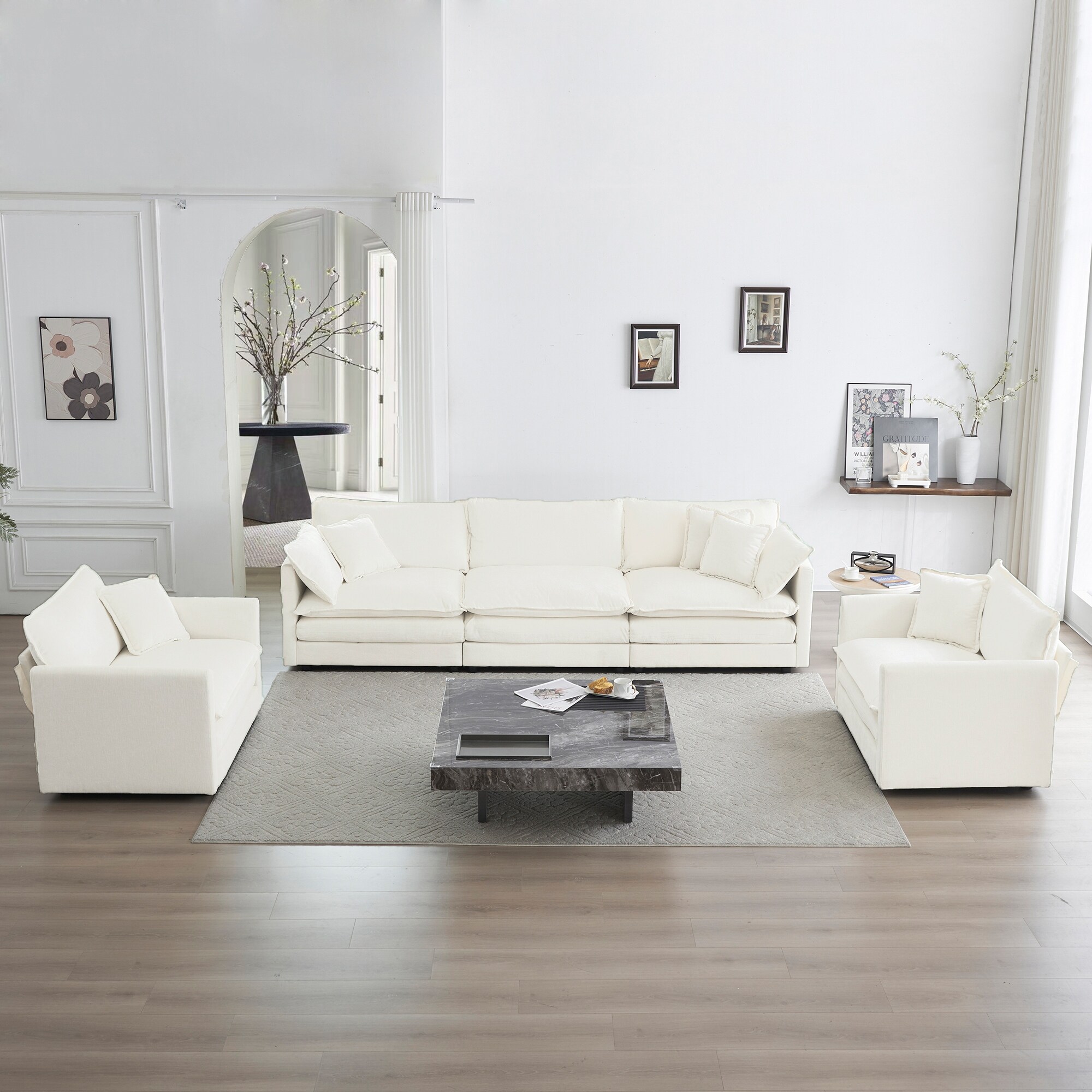 3 Piece Chenille Upholstered Sofa Set with 3 Seater Sofa and 2 Single Sofa White