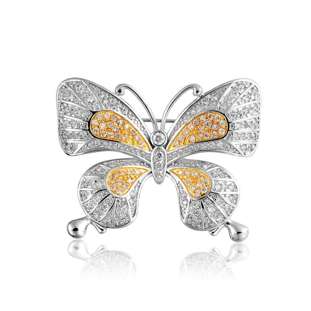 Green Yellow BUTTERFLY BROOCH PIN Orange Crystals On Gold-tone