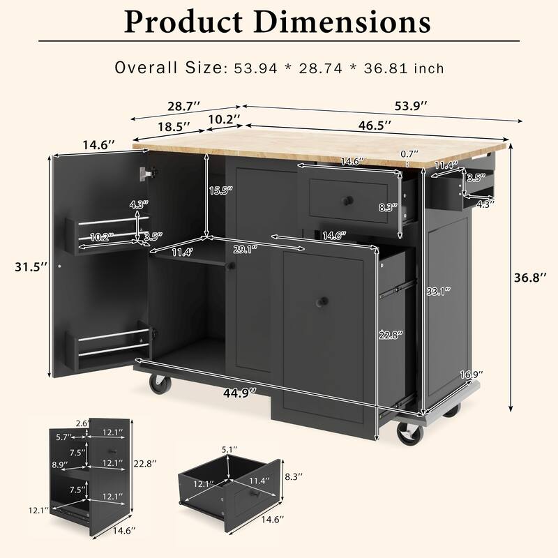 Mobile Kitchen Island with Drop Leaf, 53.9" Width, 3-Tier Pull-Out Cabinet Organizer, Spice & Towel Rack (Black)