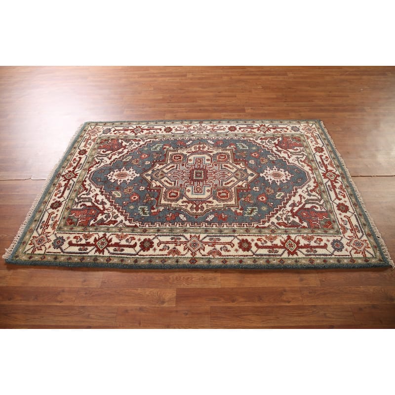 Geometric Blue Heriz-Serapi Oriental Accent Rug Handmade Wool Carpet - 4'1"x 6'0"