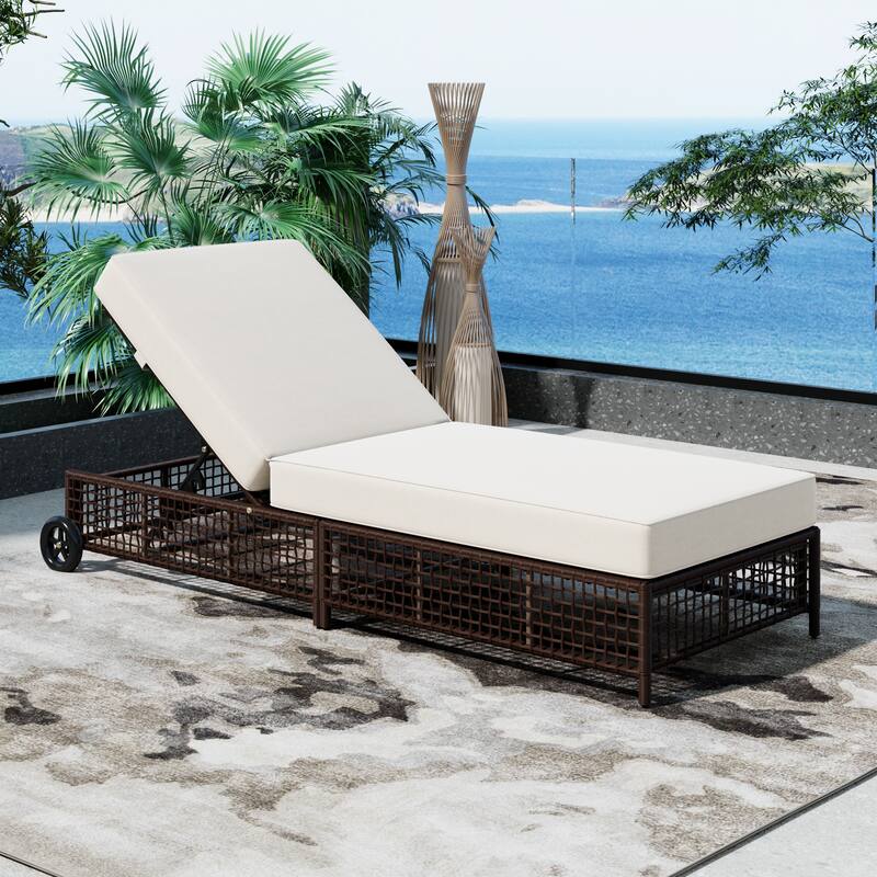 Outdoor Patio Rattan Lounge Chair, Chaise Lounge w/ 5-Position Backrest for Poolside, Backyard, Garden, Brown+Beige - Brown