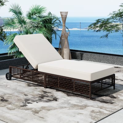 Outdoor Patio Rattan Lounge Chair, Chaise Lounge w/ 5-Position Backrest for Poolside, Backyard, Garden, Brown+Beige