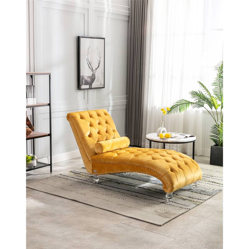 Leisure Concubine Sofa with Acrylic Feet, Traditional Chaise Velvet Barrel Sofa with Lumbar Support Pillow for Living Room - Mustard