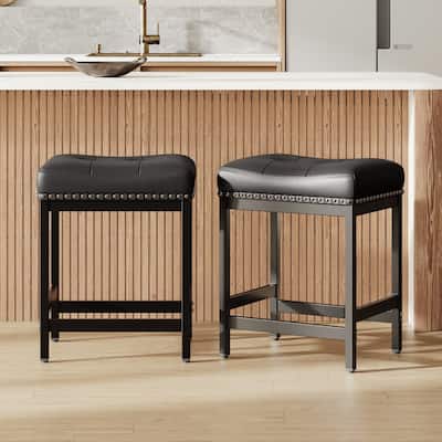 24.4" Backless Bar Stools Set of 2 - PU Leather Counter Height - Kitchen Island & Bar