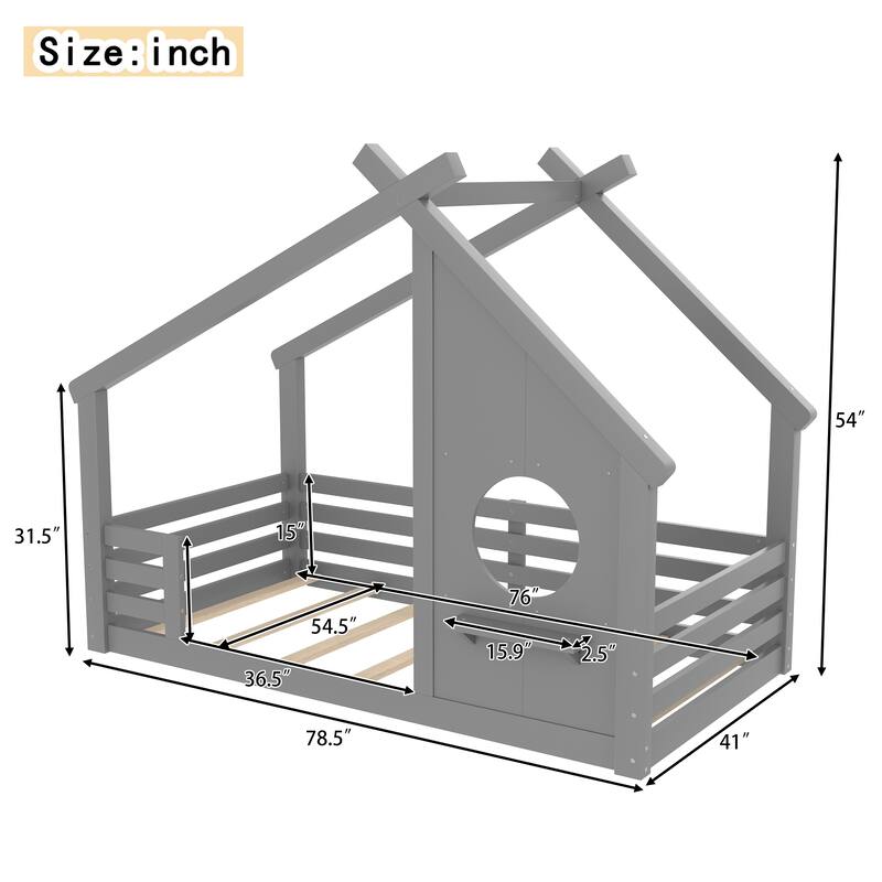 Wooden House Floor Bed, Modern Kids Montessori Playhouse Bed Frame with Window and Roof