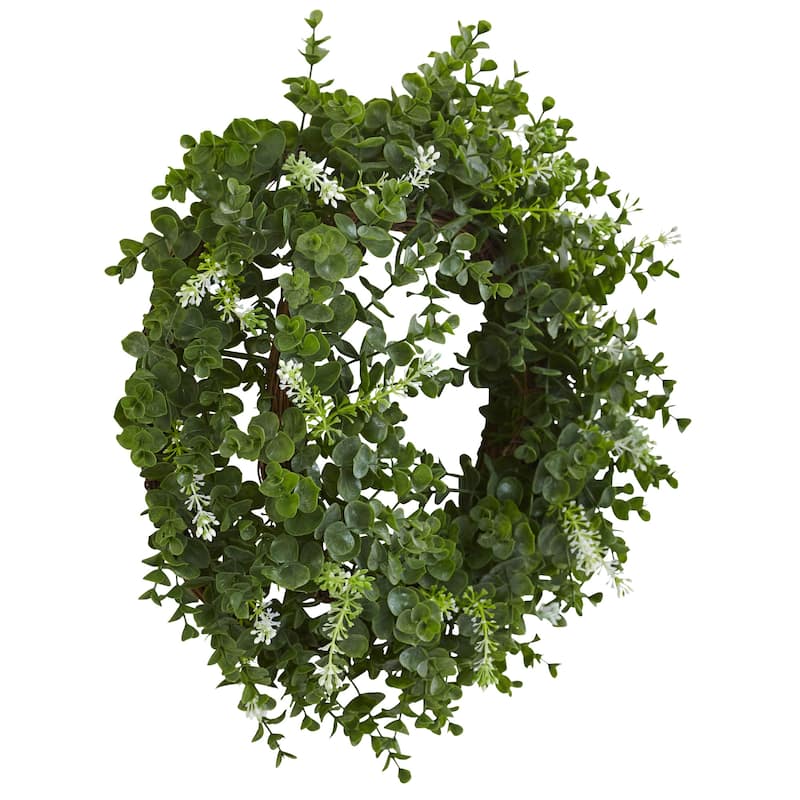 18” Decorative Eucalyptus Wreath Green Leaves and White Flowers for Indoor or Covered Porch