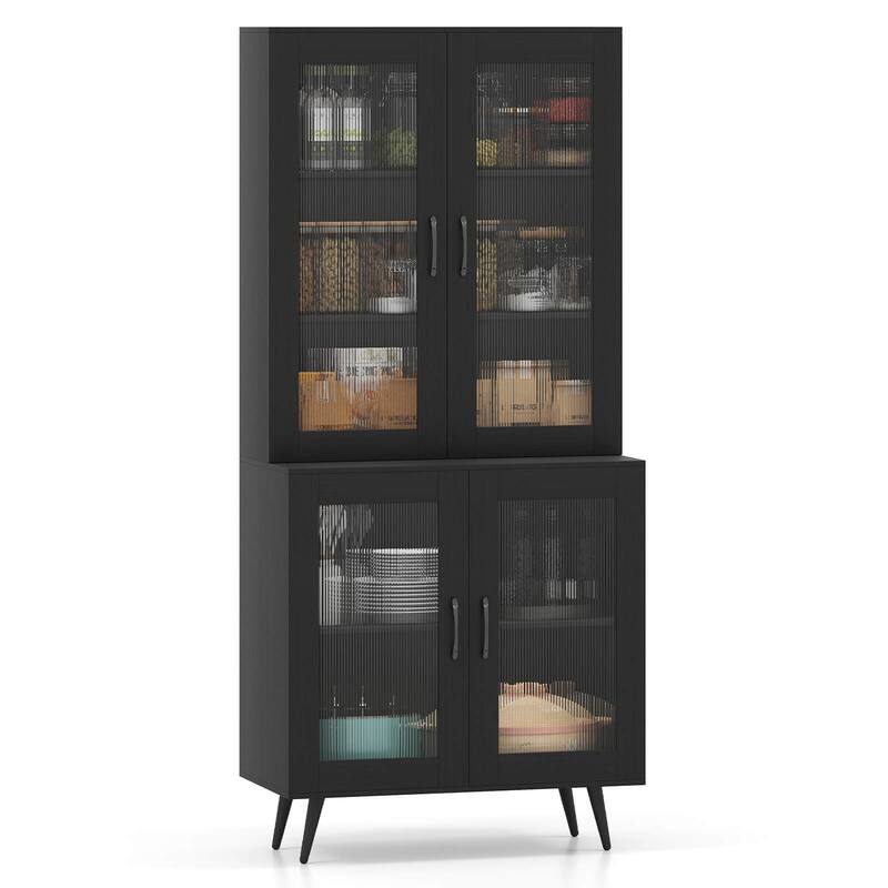 Costway Kitchen Pantry Cabinet with Translucent Fluted Doors & - See Details - Black