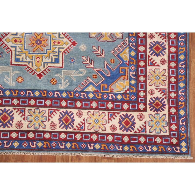 Hand Knotted Oriental 100% Wool Carpet Traditional Geometric Navy Blue & Blues Kazak Area Rug - 9' 8'' X 6' 7''