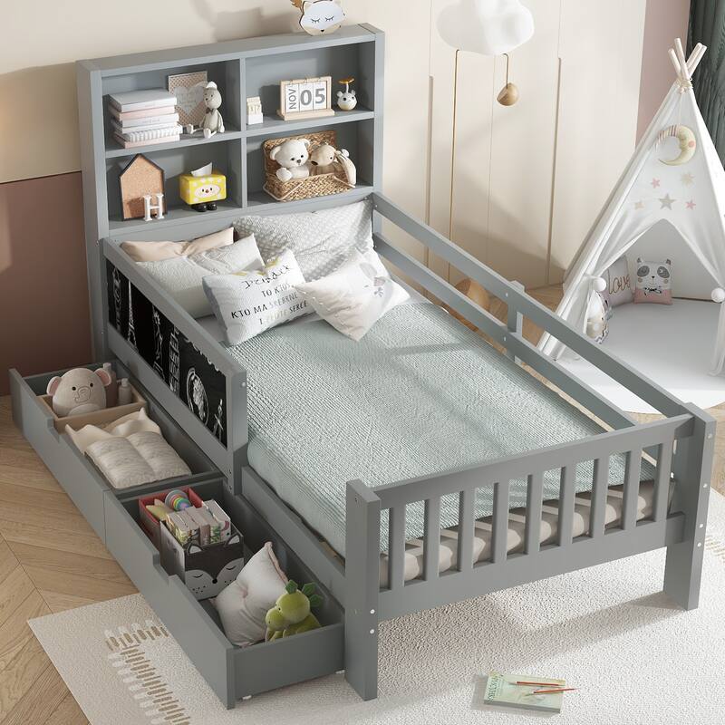 Childlike Fun Solid Wood Low-profile Platform Bed Storage Bed Frame with Side Chalkboard, Open Shelves, Drawers and Guardrails - Grey - Twin