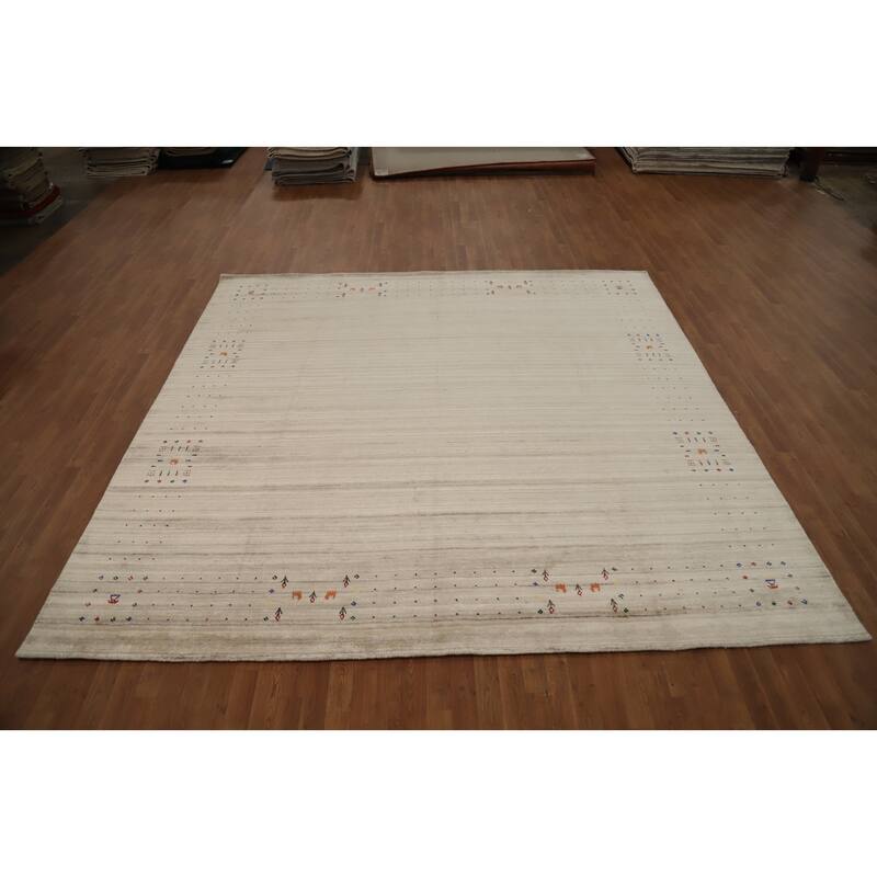 Hand Knotted Oriental Viscose Silk Carpet Tribal Animal Pictorial Beige & Ivories Gabbeh Area Rug - 9' 10'' X 10' 2''