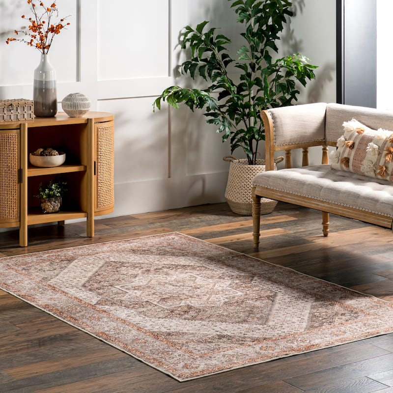 Nuloom Sanna Distressed Medallion SplashGuard Machine Washable Area Rug - 5' x 8' - Brown - Rectangle