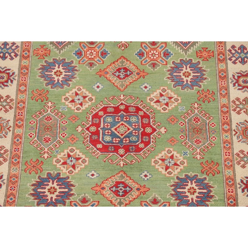 Traditional Green Kazak Oriental Area Rug Hand-Knotted Wool Carpet - 4'11" x 6'9"