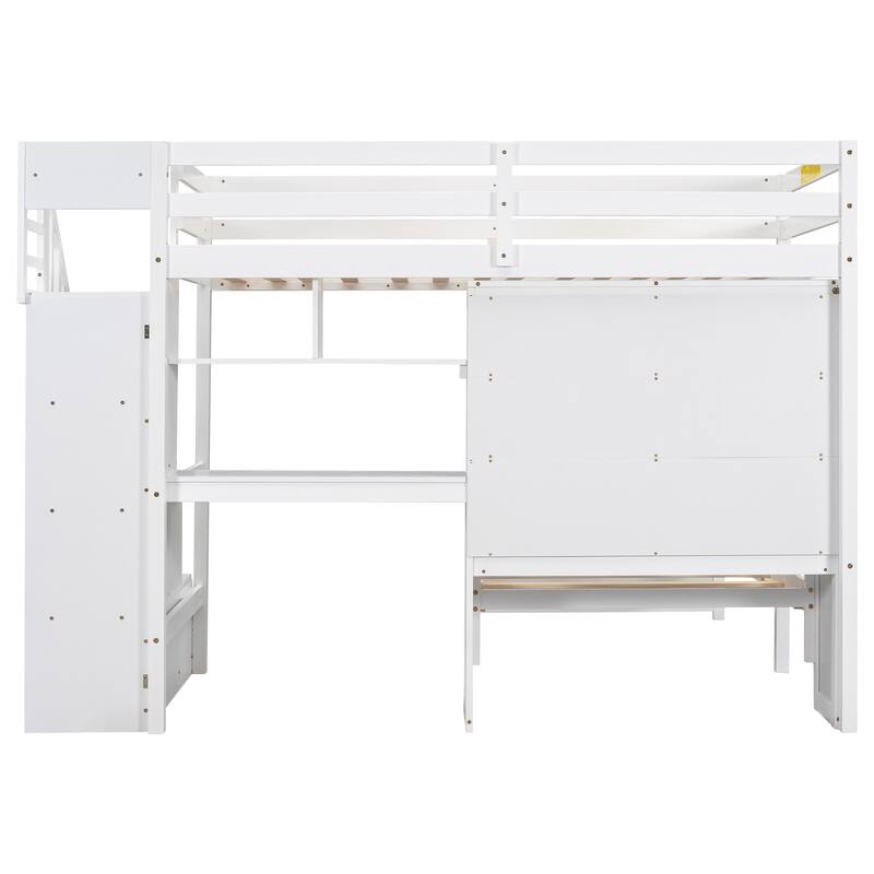 Twin over Twin Loft Bed L-Shaped Bunk Bed with Desk and Storage Shelf, Storage Stairs, Double Door Storage Headboard