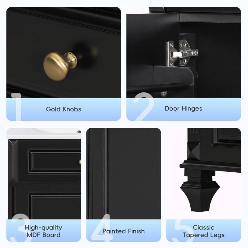 24" Bathroom Vanity with Sink, Freestanding Vanity Cabinet with Flip-Out Drawer, 3 Drawers, Ceramic Top