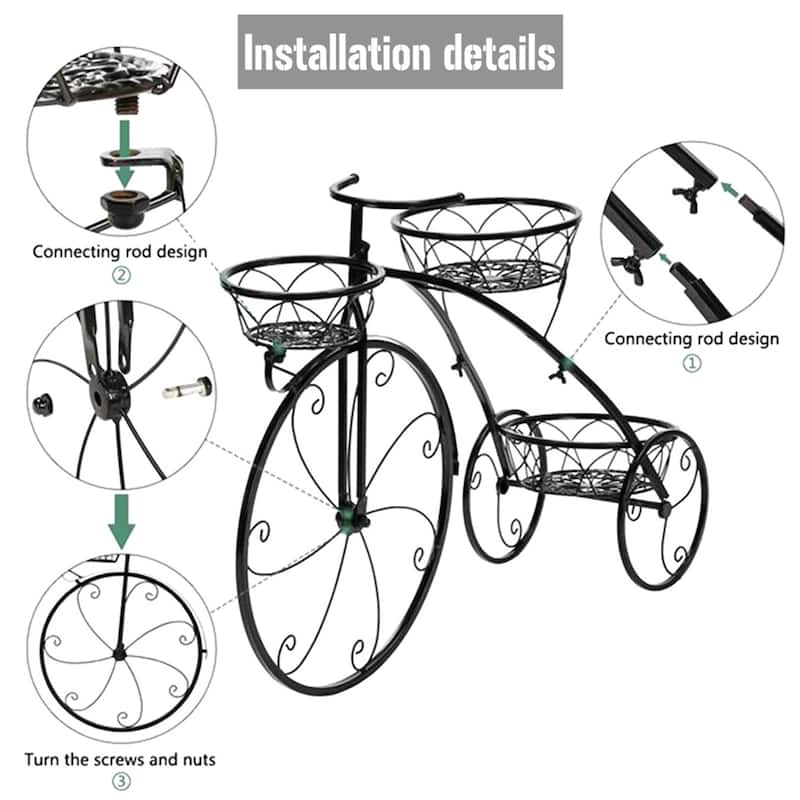Large Bike Planter Garden Ornament Metal Bicycle Plant Stand with 3 Flower Pots Indoor Outdoor
