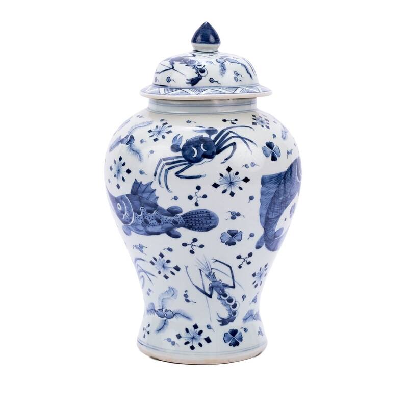 Blue & White Fish Shrimp & Crab Ginger Jar
