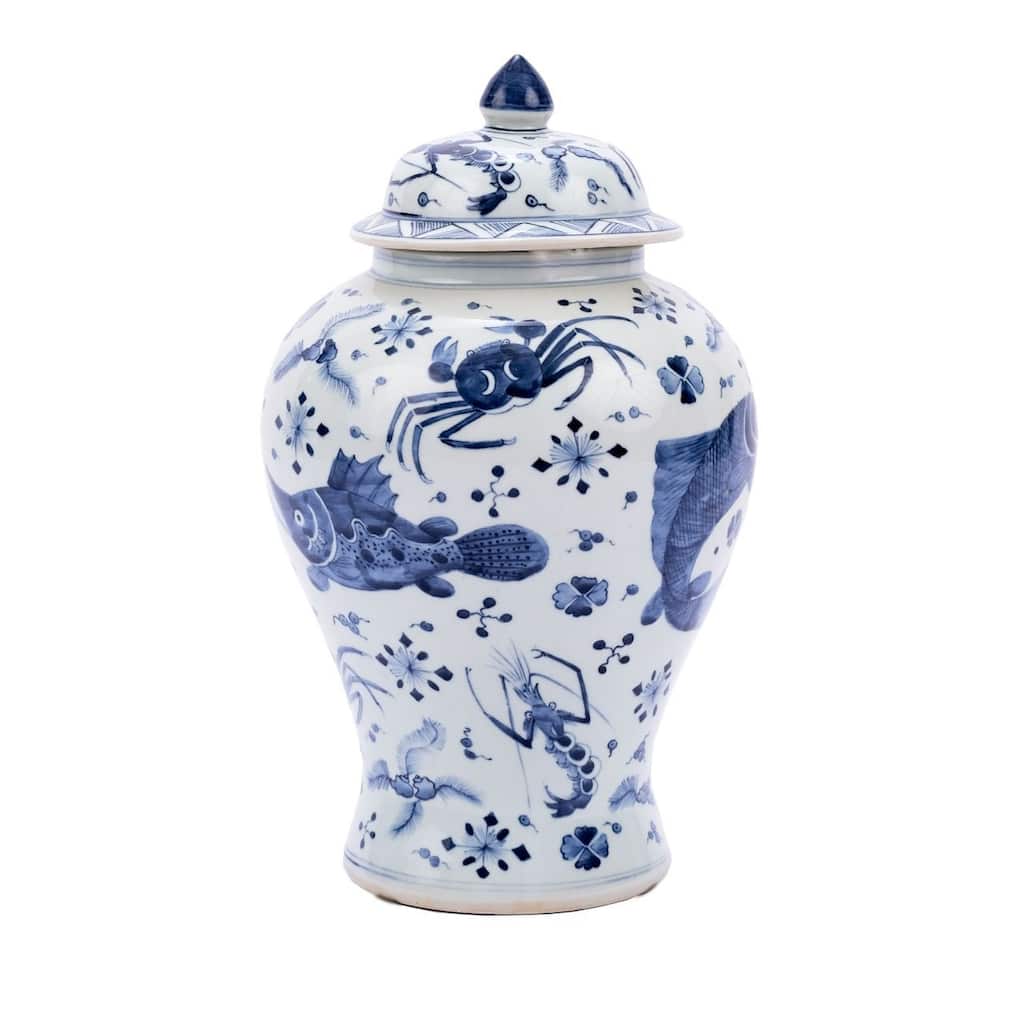 Blue & White Fish Shrimp & Crab Ginger Jar