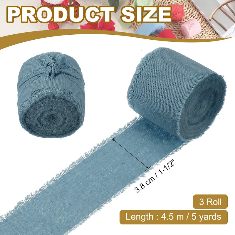 1-1/2"x15 Yd Handmade Fringe Cotton Ribbon Frayed Ribbons 3 Roll - 5Yd - Light Blue