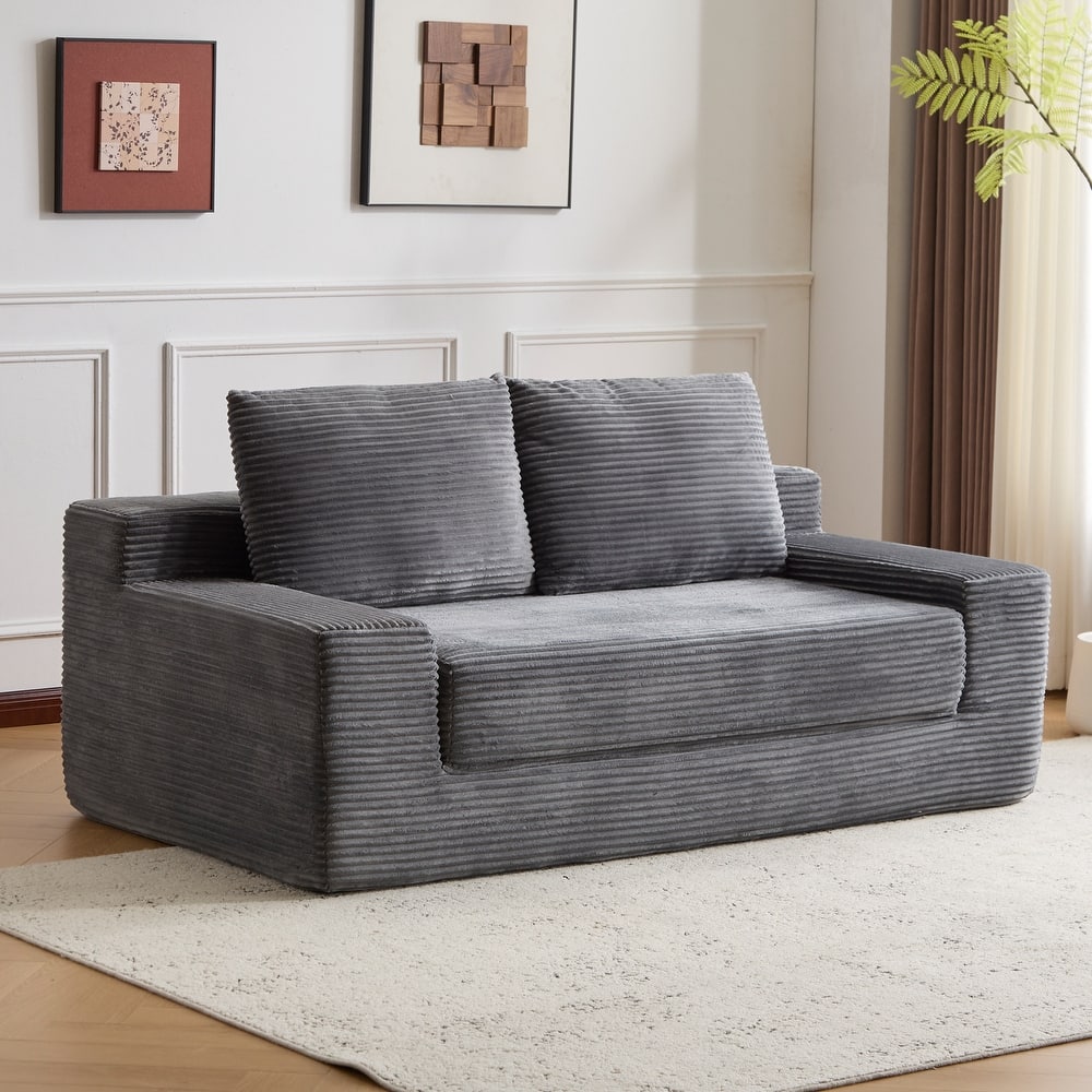 Floor Corduroy Deep Seat Loveseat Sofa with Folding Mattress Convertible Sleeper Sofa Bed with Reversible Cushion and Pillows