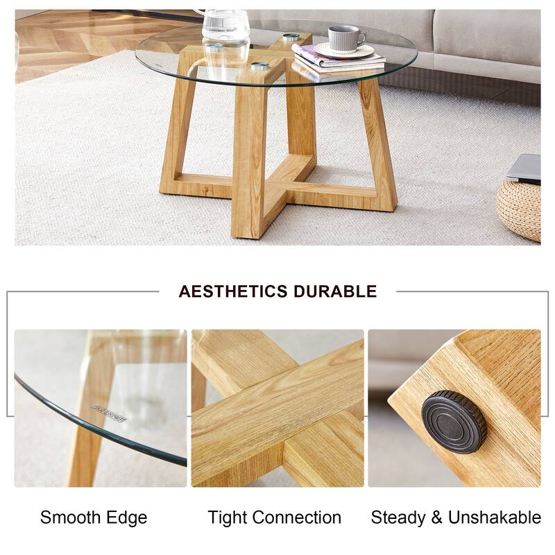 31.5" Modern Round Coffee Table with Tempered Glass Tabletop and Stable Base for Living Room