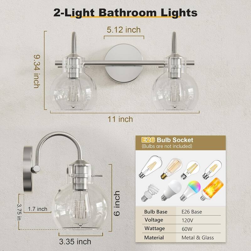 Modern 2/3/4 Bathroom Vanity Lights Clear Globe Glass Shade