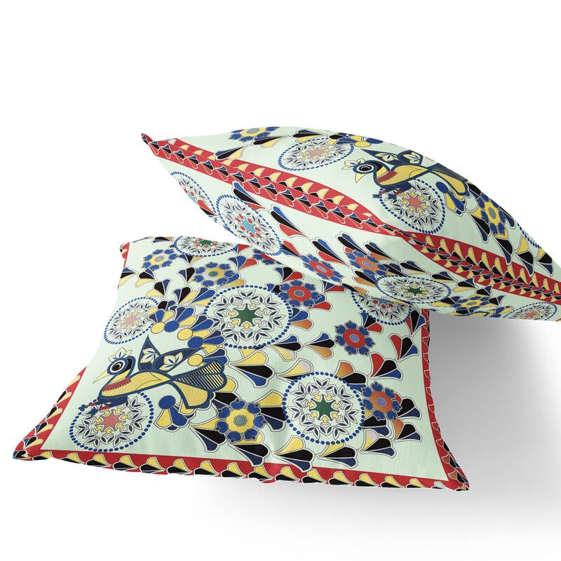 HomeRoots Set of Two 16" X 16" Green and Red Peacock Blown Seam Floral Indoor Outdoor Throw Pillow - 16.00' X '16.00' X '5.00