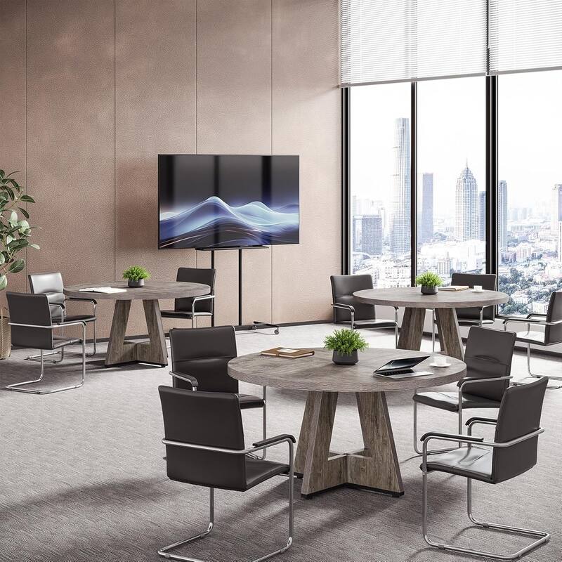 47" Round Conference Table Meeting Room Table with Thickened Top Wood Base Modern Training Desk for Conference/Seminar Room