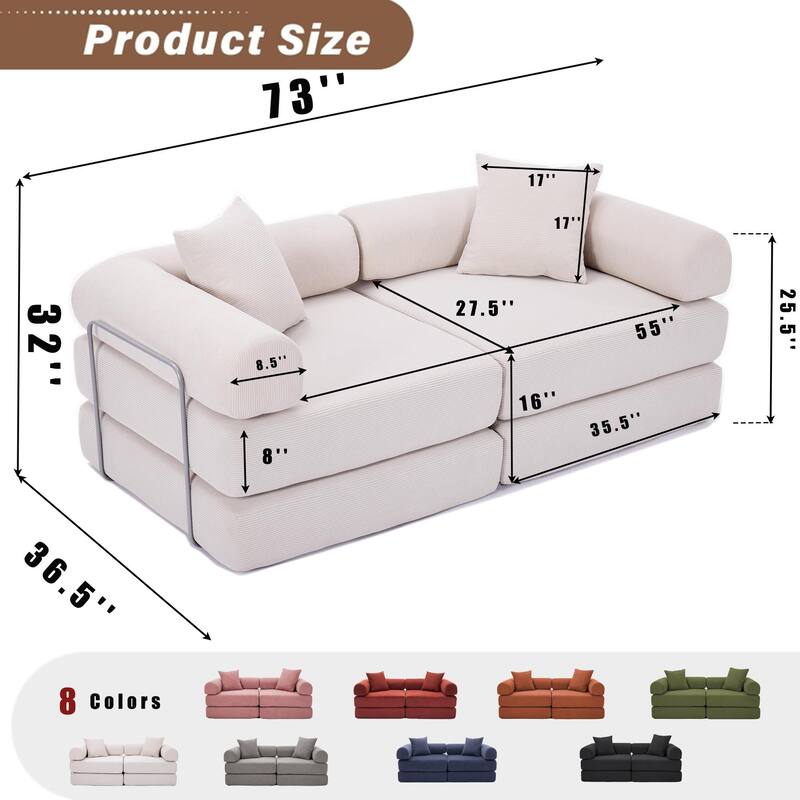 Modular Couch Sofa Bed, Convertible Design with Removable Armrests,Folding Mattress Couch for Small Spaces ,No Assembly