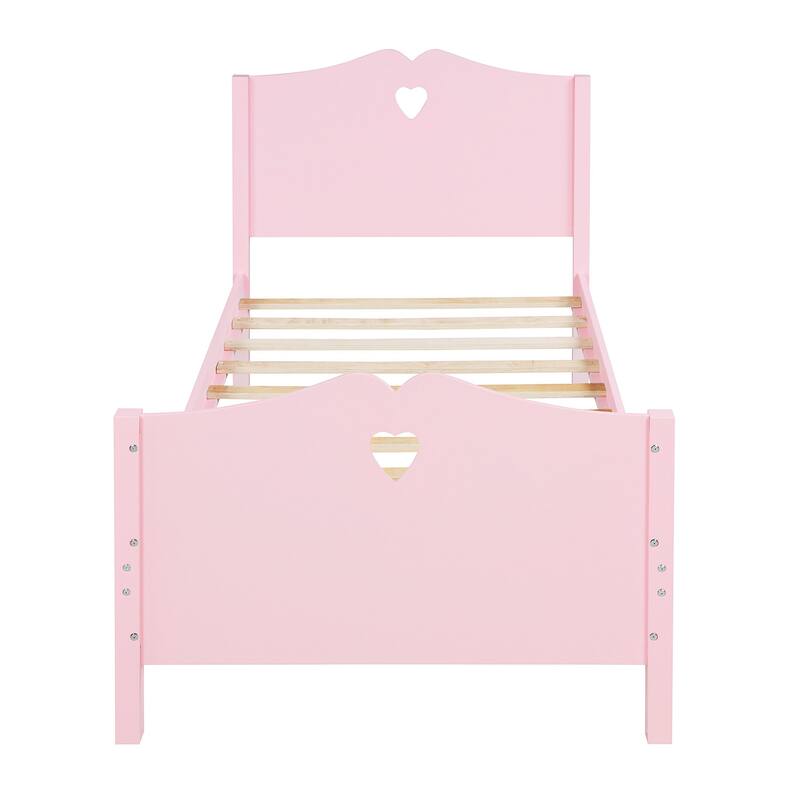 Pink Wood Twin Platform Bed with Headboard, Footboard, and Slat Support - Minimalist Design, Sturdy Pine Frame, 10 Slats