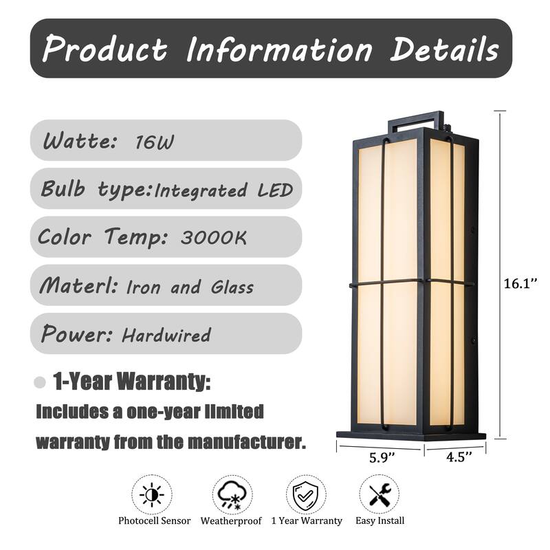 16 in. Black Outdoor Integrated 16W LED Wall Lantern with Frosted Panels and Dusk-to-Dawn Sensor for Porch & Garage - W5''