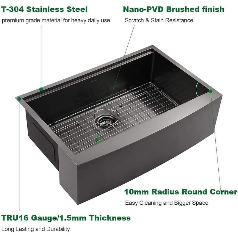 30" Farmhouse 16 Gauge Single Bowl Stainless Steel Kitchen Sink in Gunmetal Black - 30'' x 22'' x 10''