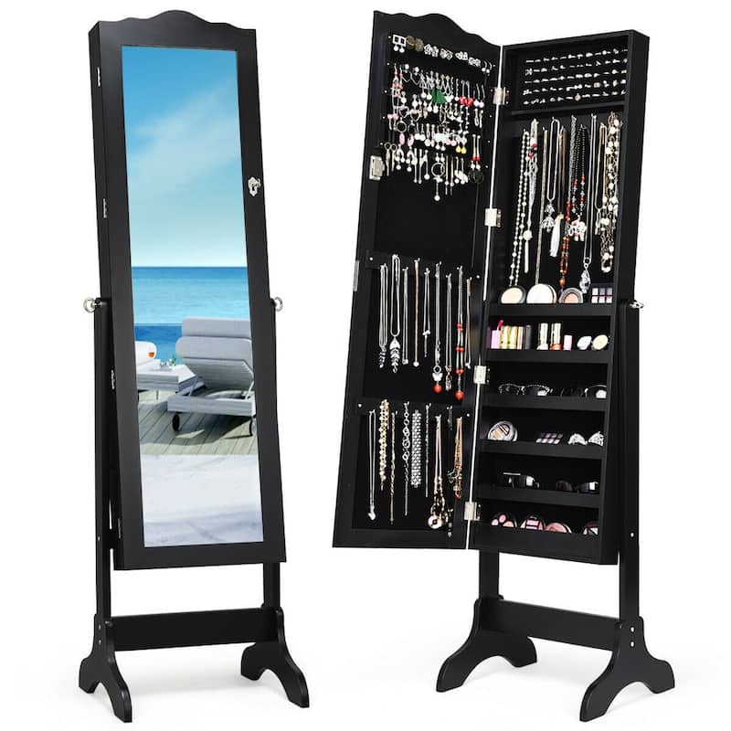 Mirrored Lockable Jewelry Cabinet Armoire Organizer Storage Box - 18.5" x 14.5" x 63.5" ( L x W x T ) - Black