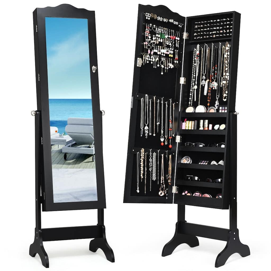 Mirrored Lockable Jewelry Cabinet Armoire Organizer Storage Box - 18.5" x 14.5" x 63.5" ( L x W x T )