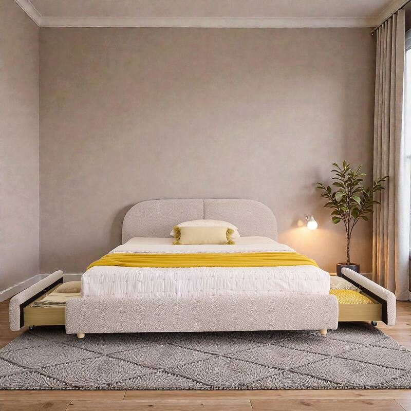 Upholstered Bed Frame with Tall Curved Headboard and Storage Drawers, Modern Minimalist Platform Bed No Box Spring