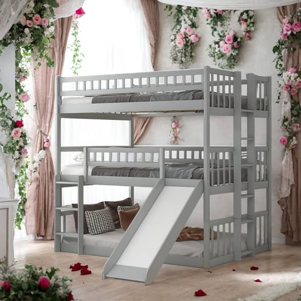 slide 2 of 15, Modren Full Over Full Over Full Triple Bunk Bed with Built-in Ladder and Slide,Guardrails For Bedroom Grey
