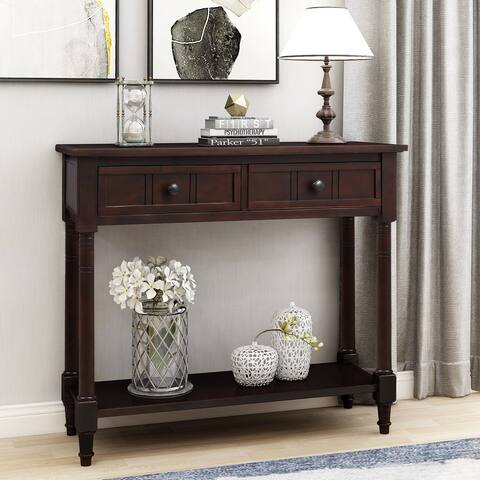 Espresso Wood 2-Drawers Console End Table with Bottom Shelf