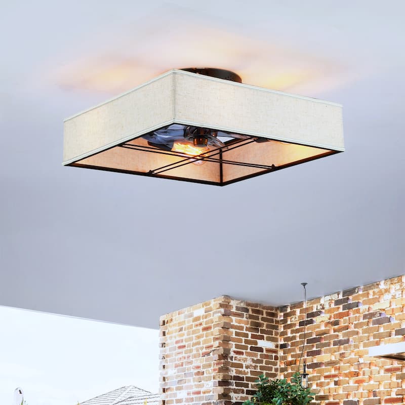 16.6"Square Fabric Flush Mount Ceiling Fan,Reversible Motor,DC Remote Control,7 PCS PC Blades,6 Speed Ceiling Fan,Timing