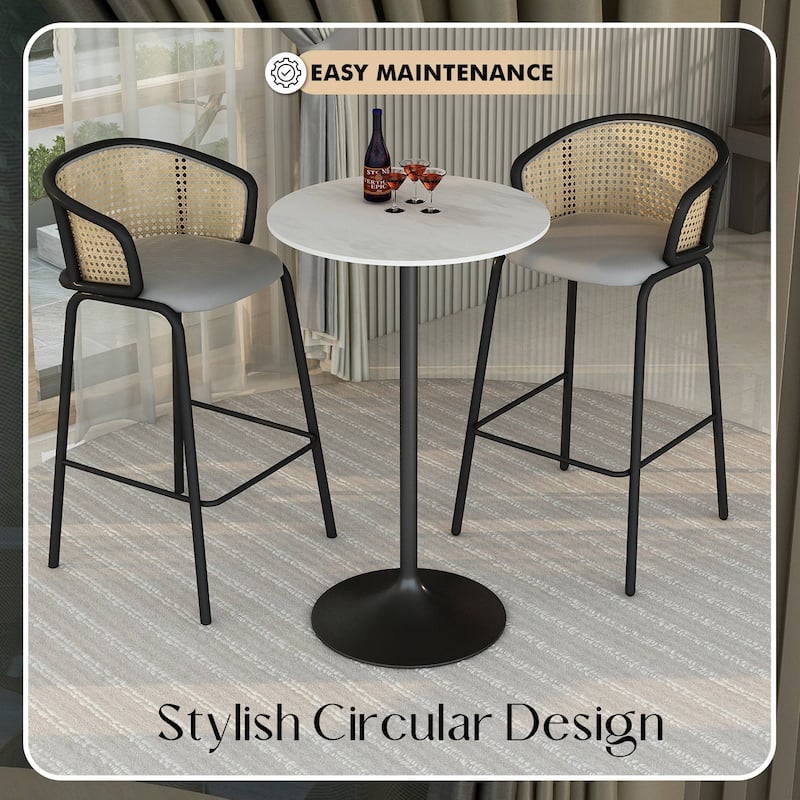 LeisureMod Verve Round Bar Dining Table with White Resin TableTop and Black Steel Base for Kitchen & Dining Room