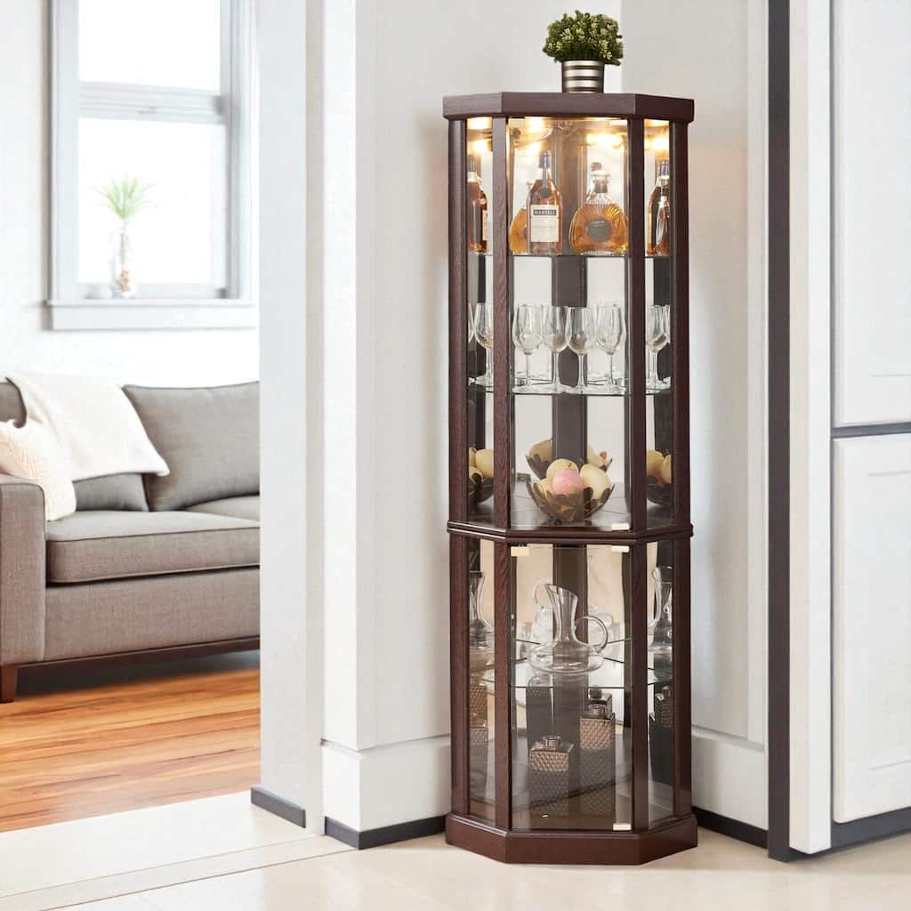 Corner Lighted Glass Curio Cabinet with Doors, Shelves and Mirrored Back for Display and Storage