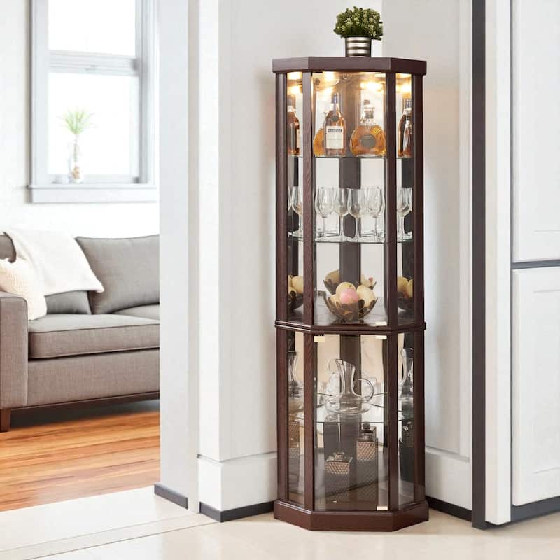 Corner Lighted Glass Curio Cabinet with Doors, Shelves and Mirrored Back for Display and Storage - Cherry