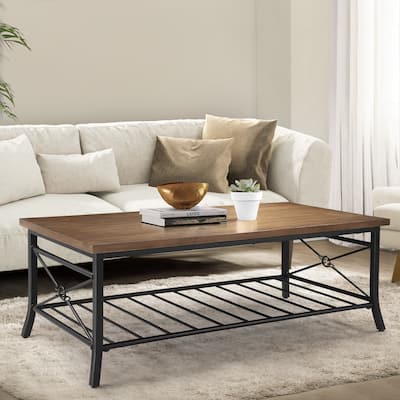 Baltimore Rustic 48in Rectangle Coffee Table Wood Two-Tier Black Legs for Living Room - 48"L x 24"W x 18" H