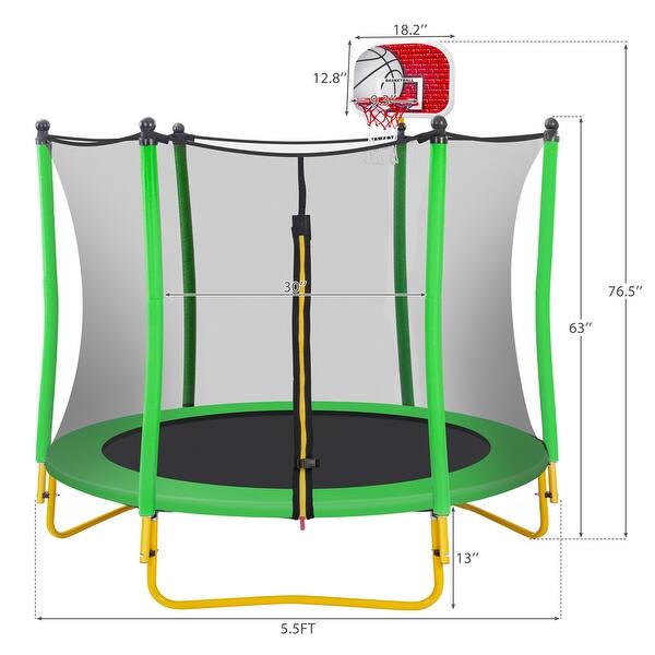 dimension image slide 1 of 3, Outdoor & Indoor Toddler Trampoline w/Enclosure,Basketball Hoop&Ball