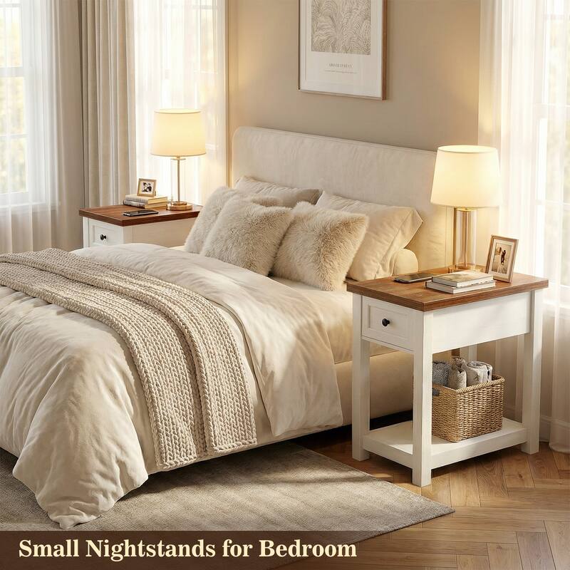 Farmhouse End Table with Wood Drawers and Charging Station, Sofa Side Table, Nightstand